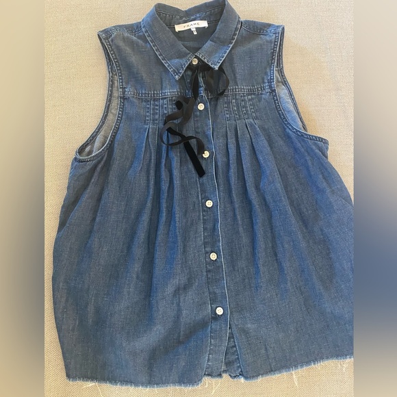 Frame Sleeveless Button Front Pintuck Tie-Neck Chambray Denim Shirt vest Blue XS - Picture 2 of 7
